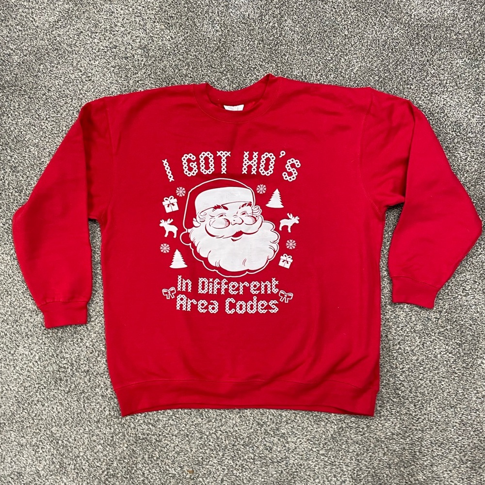 Ugly Christmas Sweater Red Crewneck with Santa and Text